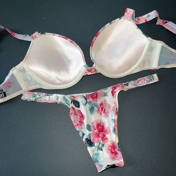 Victoria's Secret 34B,34D BRA SET S Panty Lot floral satin PINK rose SHINE STRAP - Picture 5 of 7
